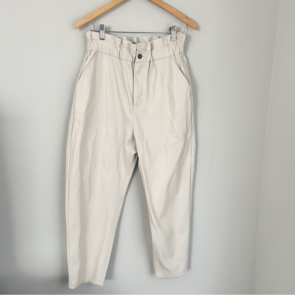 Zara Faux Leather Paperbag High Rise Pants Size 8 Cream